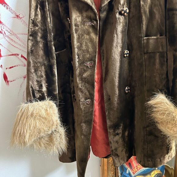 Vintage TRAIL TRACER Women`s brown Velvet FAUX FUR Collar COAT BOHO USA - Picture 3 of 16
